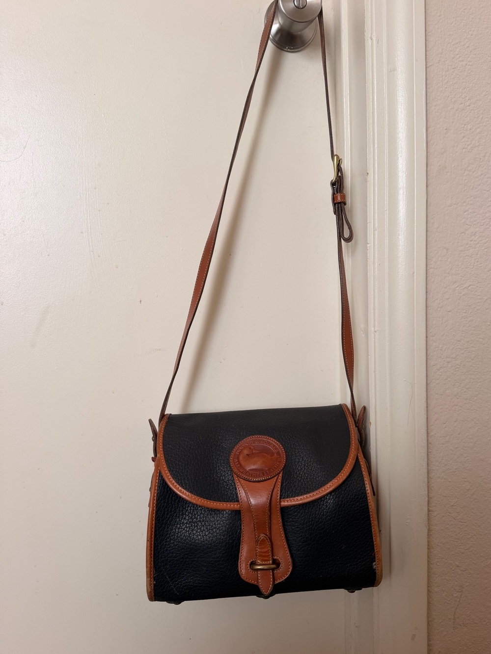 Vintage Dooney & Bourke Black and Brown Pebbled Leather Crossbody Bag